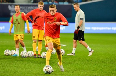 SAINT-PETERSBURG, RUSSIA - November 16, 2019: Timothy Castagne and Belgium national football team training session during UEFA EURO 2020 qualifying match between Russia against Belgium, Russia