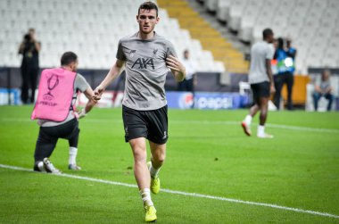 İstanbul, Türkiye - 14 Ağustos 2019: Andrew Robertson Uefa Süper Kupası Finallerinden önce Liverpool ile Chelsea arasında Vodafone Park, Vodafone Arena, Türkiye