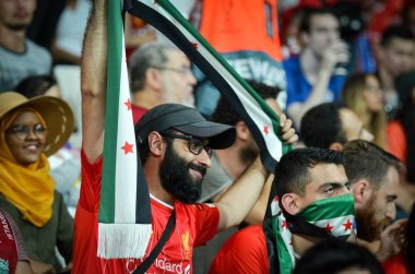 Istanbul, Turkey - August 14, 2019: Liverpool Football fans and spectators during the UEFA Super Cup Finals match between Liverpool and Chelsea at Vodafone Park in Vodafon Arena, Turkey