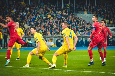 Kyiv, Ukrayna - 14 Ekim 2019: Uefa Euro 2020 ön eleme maçında Ukrayna milli takımı Ukrayna ile Ukrayna milli takımı arasında oynanan Cristiano Ronaldo