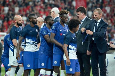 Istanbul, Turkey - August 14, 2019: FootChelsea football players received silver medals r after the UEFA Super Cup Finals match between Liverpool and Chelsea at Vodafone Park, Turkey