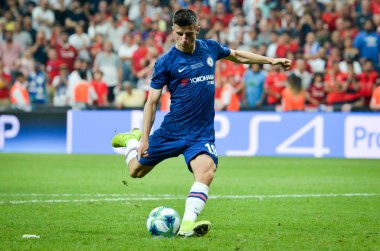 Istanbul, Turkey - August 14, 2019: Mason Mount shoot penalty during the UEFA Super Cup Finals match between Liverpool and Chelsea at Vodafone Park in Vodafone Arena, Turkey