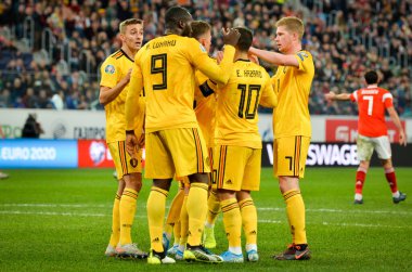 SAINT-PETERSBURG, RUSSIA - November 16, 2019: Belgium national team celebrate goal scored during UEFA EURO 2020 qualifying match between Russia against Belgium team, Russia
