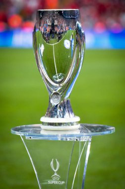Istanbul, Turkey - August 14, 2019: Official 2019 UEFA Super Cup in Istanbul is on the pedestal during the UEFA Super Cup Finals match between Liverpool and Chelsea at Vodafone Park, Turkey