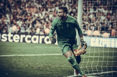 Istanbul, Turkey - August 14, 2019: Adrian celebrates victory in UEFA Super Cup during the UEFA Super Cup Finals match between Liverpool and Chelsea at Vodafone Park, Turkey