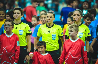 Istanbul, Turkey - August 14, 2019: Women's Referees Panel led by Judge Stephanie Frappart during the UEFA Super Cup Finals match between Liverpool and Chelsea in Vodafon Arena stadium, Turkey