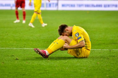 Kyiv, Ukrayna - 14 Ekim 2019: Ukrayna Millî Futbol Takımı Portekiz 'e karşı kazanılan zaferi ve 2020 Euro ödüllü Uefa Euro 2020 ön eleme karşılaşmasında birinciliği kutladı, Ukrayna