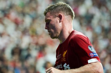 Istanbul, Turkey - August 14, 2019: James Milner during the UEFA Super Cup Finals match between Liverpool and Chelsea at Vodafone Park in Vodafone Arena, Turkey