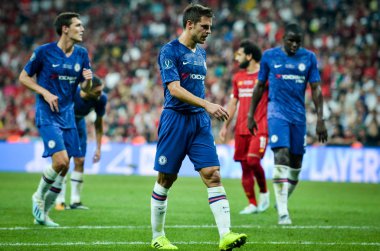 İstanbul, Türkiye - 14 Ağustos 2019: Türkiye 'nin Vodafone Arena kentindeki Vodafone Park' ta Liverpool ile Chelsea arasında oynanan Uefa Süper Kupası Finalleri sırasında Cesar Azpilicueta