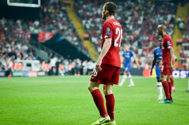 İstanbul, Türkiye - 14 Ağustos 2019: Andrew Robertson Uefa Süper Kupası Finalleri sırasında Liverpool ile Chelsea arasında Vodafone Park, Türkiye 'de oynanan Vodafone Arena maçında
