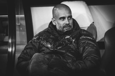 KHARKIV, UKRAINE - September 18, 2019: Pep Guardiola coach during the UEFA Champions League match between Shakhtar Donetsk vs Manchester City (England), Ukraine