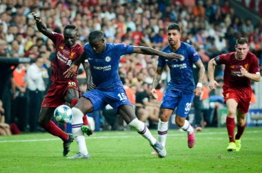 Istanbul, Turkey - August 14, 2019: Sadio Mane and Kurt Zouma during the UEFA Super Cup Finals match between Liverpool and Chelsea at Vodafone Park in Vodafone Arena, Turkey