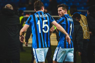 KHARKIV, UKRAINE - December 11, 2019:  Marten de Roon and Remo Freuler during the UEFA Champions League match between Shakhtar vs Atalanta Calcio BC (Italy), Ukraine