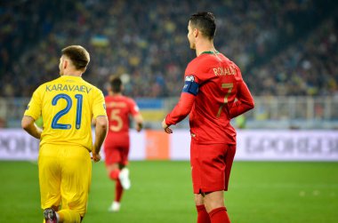 Kyiv, Ukrayna - 14 Ekim 2019: Uefa Euro 2020 eleme karşılaşmasında Ukrayna milli takımı Ukrayna milli takımı Ukrayna ile oynanan karşılaşmada Cristiano Ronaldo 'yu üzdü