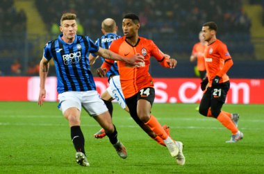 KHARKIV, UKRAINE - December 11, 2019: Football player during the UEFA Champions League match between Shakhtar vs Atalanta Bergamasca Calcio BC (Italy), Ukraine