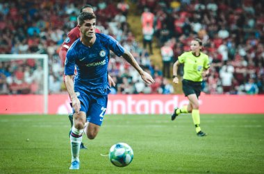 İstanbul, Türkiye - 14 Ağustos 2019: Türkiye 'nin Vodafone Arena kentindeki Vodafone Park' ta Liverpool ile Chelsea arasında oynanan Uefa Süper Kupası Finalleri 'nde Hıristiyan Pulisiç oyuncusu