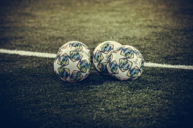 KHARKIV, UKRAINE - December 11, 2019: Champions League official football game close-up during the UEFA Champions League match between Shakhtar vs Atalanta BC (Italy), Ukraine