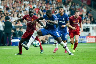 Istanbul, Turkey - August 14, 2019: Sadio Mane and Kurt Zouma during the UEFA Super Cup Finals match between Liverpool and Chelsea at Vodafone Park in Vodafone Arena, Turkey