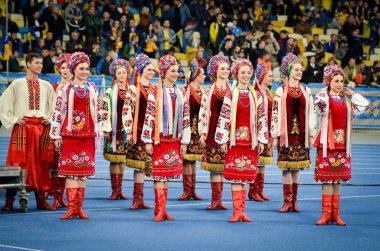 Kyiv, Ukrayna - 14 Ekim 2019: Ukrayna kadın milli takımı Uefa Euro 2020 ön eleme karşılaşmasında performans sergiliyor, Ukrayna