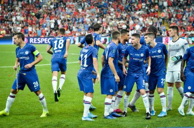 Istanbul, Turkey - August 14, 2019: Line up Chelsea Football player and general photo during the UEFA Super Cup Finals match between Liverpool and Chelsea at Vodafone Park, Turkey