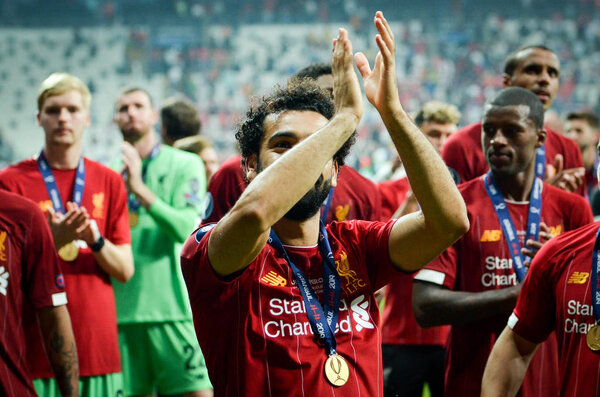 Istanbul, Turkey - August 14, 2019: Mohamed Salah celebrate victory during the UEFA Super Cup Finals match between Liverpool and Chelsea at Vodafone Park in Vodafone Arena, Turkey