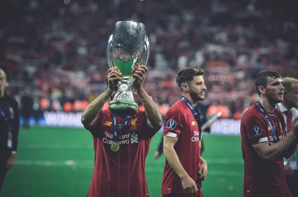 Istanbul, Turkey - August 14, 2019: Mohamed Salah celebrate with UEFA Super Cup 2019 at Vodafone Park in Vodafone Arena, Turkey