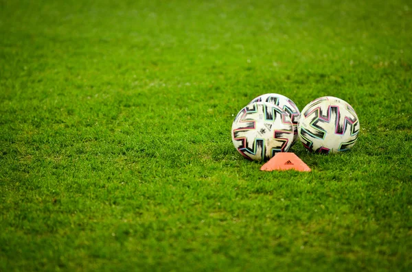 Saint Petersburg Russia November 2019 Three Soccer Balls Close Lie — Stock Photo, Image