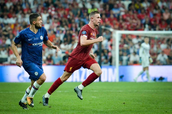 Istanbul, Turkey - August 14, 2019: Jordan Henderson and Mateo Kovacic during the UEFA Super Cup Finals match between Liverpool and Chelsea at Vodafone Park in Vodafone Arena, Turkey
