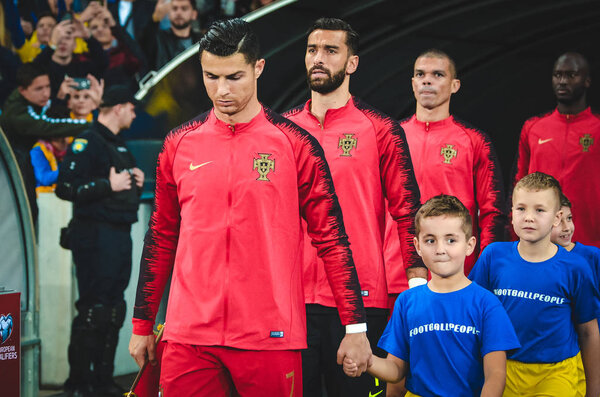 KYIV, UKRAINE - October 14, 2019: Cristiano Ronaldo enters the field during the UEFA EURO 2020 qualifying match between national team Ukraine against Portugal national team, Ukraine