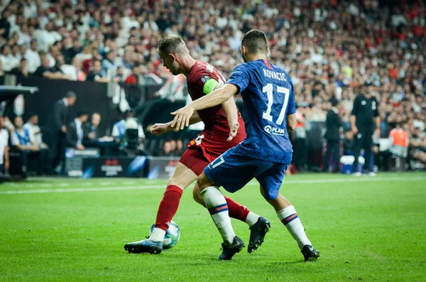 Istanbul, Turkey - August 14, 2019: Jordan Henderson and Mateo Kovacic during the UEFA Super Cup Finals match between Liverpool and Chelsea at Vodafone Park in Vodafone Arena, Turkey