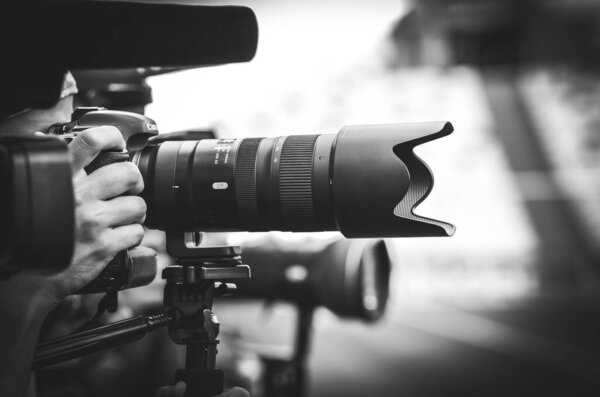 Istanbul, Turkey - August 14, 2019: TV Cameras and photojournalist cameras make report before the UEFA Super Cup Finals match between Liverpool and Chelsea at Vodafone Park in Vodafone Arena, Turkey