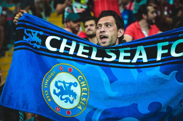 Istanbul, Turkey - August 14, 2019: Chelsea  Football fans and spectators during the UEFA Super Cup Finals match between Liverpool and Chelsea at Vodafone Park in Vodafon Arena, Turkey