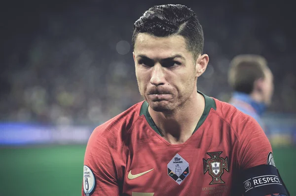 乌克兰基辅 2019年10月14日 克里斯蒂亚诺 罗纳尔多 Cristiano Ronaldo 在乌克兰国家队与葡萄牙国家队2020年欧洲杯预选赛中的表现 — 图库照片