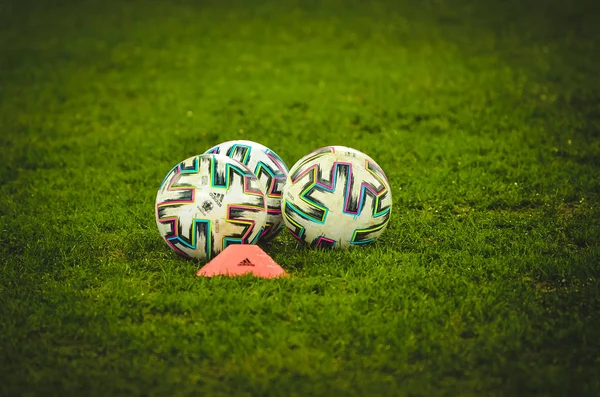 Saint Petersburg Russia November 2019 Three Soccer Balls Close Lie — ストック写真