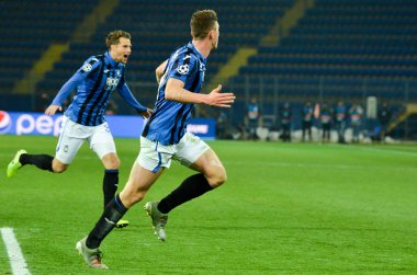 KHARKIV, UKRAINE - December 11, 2019: Robin Gosens celebrate goal scored during the UEFA Champions League match between Shakhtar vs Atalanta Bergamasca Calcio BC (Italy), Ukraine