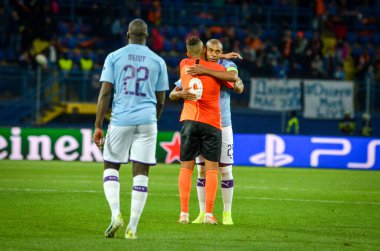 Kharkiv, Ukrayna - 18 Eylül 2019: Benjamin Mendy Uefa Şampiyonlar Ligi karşılaşmasında Shakhtar Donetsk - Manchester City (İngiltere), Ukrayna