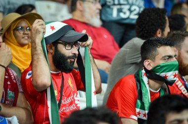 Istanbul, Turkey - August 14, 2019: Liverpool Football fans and spectators during the UEFA Super Cup Finals match between Liverpool and Chelsea at Vodafone Park in Vodafon Arena, Turkey