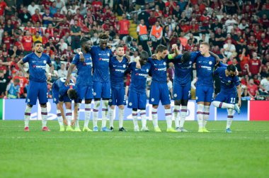 Istanbul, Turkey - August 14, 2019: Chelsea Football players awaiting a penalty shootout during the UEFA Super Cup Finals match between Liverpool and Chelsea at Vodafone Park, Turkey