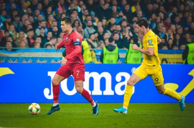 Kyiv, Ukrayna - 14 Ekim 2019: Uefa Euro 2020 ön eleme maçında Ukrayna milli takımı Ukrayna ile Ukrayna milli takımı arasında oynanan Cristiano Ronaldo