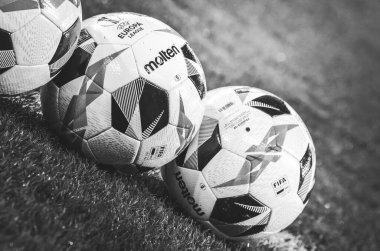 LVIV, UKRAINE - November 07, 2019: Official Molten football match Ball for Europa League during the UEFA Europa League match, Ukraine