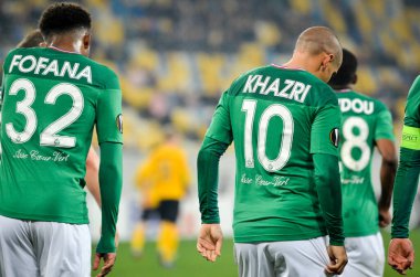 LVIV, UKRAINE - November 07, 2019: Wahbi Khazri  and AS Saint Etienne celebrate goal scored during the UEFA Europa League match between Alexandria (Ukraine) vs AS Saint Etienne (France), Ukraine
