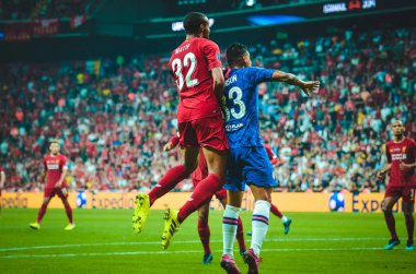 Istanbul, Turkey - August 14, 2019: Emerson and Joel Matip during the UEFA Super Cup Finals match between Liverpool and Chelsea at Vodafone Park in Vodafone Arena, Turkey
