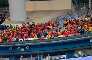 SAINT-PETERSBURG, RUSSIA - November 16, 2019: Belgium Football fans celebrate victory after UEFA EURO 2020 qualifying match between national team Russia against Belgium, Russia