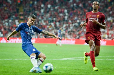 Istanbul, Turkey - August 14, 2019: Christian Pulisic and Joel Matip during the UEFA Super Cup Finals match between Liverpool and Chelsea at Vodafone Park in Vodafone Arena, Turkey