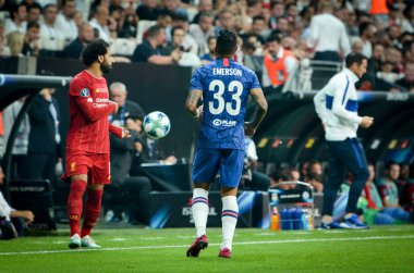 Istanbul, Turkey - August 14, 2019:  Emerson and Mohamed Salah during the UEFA Super Cup Finals match between Liverpool and Chelsea at Vodafone Park in Vodafone Arena, Turkey