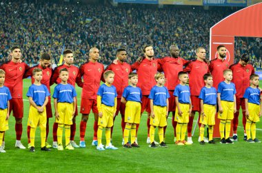 Kyiv, Ukrayna - 14 Ekim 2019: Portekiz milli takımının Uefa Euro 2020 ön eleme karşılaşması sırasında Portekiz, Ukrayna ile Ukrayna arasında başlaması