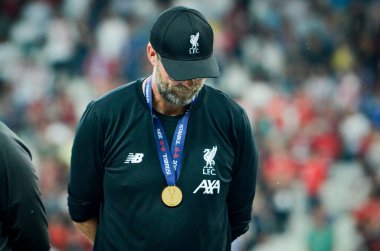 Istanbul, Turkey - August 14, 2019: Jurgen Klopp with gold medal during the UEFA Super Cup Finals match between Liverpool and Chelsea at Vodafone Park, Turkey