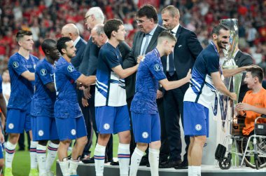 Istanbul, Turkey - August 14, 2019: FootChelsea football players received silver medals r after the UEFA Super Cup Finals match between Liverpool and Chelsea at Vodafone Park, Turkey