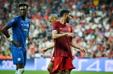Istanbul, Turkey - August 14, 2019: Joe Gomez and Tammy Abraham during the UEFA Super Cup Finals match between Liverpool and Chelsea at Vodafone Park in Vodafone Arena, Turkey