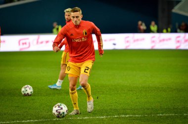 SAINT-PETERSBURG, RUSSIA - November 16, 2019: Timothy Castagne and Belgium national football team training session during UEFA EURO 2020 qualifying match between Russia against Belgium, Russia